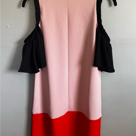 ZARA Women’s Cold Shoulder Dress Size S Pink Red/Coral Black Ruffle Sleeves EUC - Picture 4 of 8
